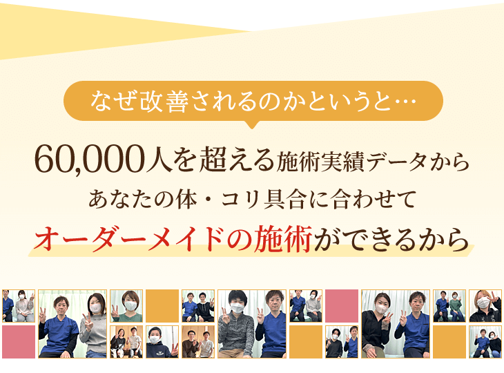 60,000人を超える施術実績データからあなたの体・コリ具合に合わせてオーダーメイドの施術ができるから
